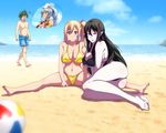  3girls :d :t ahoge anger_vein armband ass ball barefoot beach beachball bikini black_bikini black_hair blood blue_hair braid brown_hair character_request crossed_arms day enigma_(phantom_world) hair_between_eyes hair_ribbon ichijou_haruhiko kawakami_mai long_hair looking_at_viewer male_swimwear multiple_girls musaigen_no_phantom_world navel nosebleed open_mouth outdoors pointy_ears purple_eyes red_eyes ribbon ruru_(phantom_world) sand sbel02 side_ponytail smile spread_legs swim_trunks swimsuit swimwear water yellow_bikini 