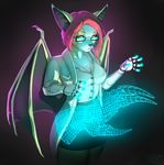  anthro bat clothed clothing eyewear female glasses hologram kaitycuddle mammal simple_background smile solo standing wings 