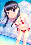  arms_behind_back bikini black_eyes black_hair blush breasts cleavage cloud cloudy_sky day earrings foreshortening jewelry leaning_forward long_hair navel neuron_(exceed) ocean original red_bikini sky smile solo swimsuit water 