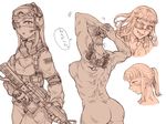  :o arms_up assault_rifle bangs blunt_bangs blush breasts eyepatch from_behind from_side goggles goggles_on_head gun hair_bun headphones jormungand load_bearing_vest long_hair looking_at_viewer m4_carbine medium_breasts military military_uniform monochrome multiple_views muscle nipples nude one_eye_covered parted_lips ponytail profile rifle sidelocks simple_background sketch sofia_valmer speech_bubble stretch talking taremayu_(kikai_tomato) tattoo text_focus uniform weapon white_background 