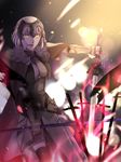  armor blonde_hair cape fate/grand_order fate_(series) field_of_blades highres jeanne_d'arc_(alter)_(fate) jeanne_d'arc_(fate)_(all) looking_at_viewer pale_skin planted_sword planted_weapon popo_(shime8001) scabbard sheath short_hair solo sword weapon yellow_eyes 