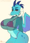  2018 absurd_res amber_eyes anthro anthrofied big_breasts blue_scales bra breasts clothing dragon female friendship_is_magic half-closed_eyes hands_behind_back hi_res horn littlesheep looking_at_viewer membranous_wings my_little_pony navel panties princess_ember_(mlp) scales scalie shirt simple_background solo translucent transparent_clothing underwear wings 