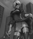  1girl android bangs blindfold cleavage_cutout dress gloves gynoid holding holding_weapon mole mole_under_mouth monochrome nier nier:_automata nier_automata no_panties puffy_sleeves short_hair silver_hair solo square_enix standing swept_bangs sword tagme thighhighs upskirt weapon yorha_no.2_type_b yorha_unit_no._2_type_b 