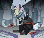  2018 black_fur blonde_hair chimera claws clothing crying detailed_background enon faba_(pok&eacute;mon) fangs fin footwear fur gladion_(pok&eacute;mon) green_eyes grey_fur hair hybrid invalid_tag jacket male mammal nintendo pawpads pok&eacute;mon pok&eacute;mon_(species) shaking shoes silvally sitting tears transformation video_games 