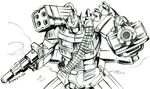  1boy 80s autobot bomb cannon gun handgun holding kamizono_(spookyhouse) machine machine_gun machinery mecha monochrome no_humans oldschool optimus_prime rifle robot science_fiction solo transformers weapon 