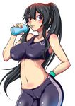  absurdres alternate_costume anchor_symbol bare_shoulders black_hair breasts commentary_request covered_nipples highres kantai_collection large_breasts long_hair masakichi_(heppouku) navel ponytail solo sports_bra sportswear yahagi_(kantai_collection) 