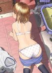  all_fours arm_support ass back bad_id bad_pixiv_id basket black_legwear blue_shorts bra brown_eyes brown_hair carrot_print food_print from_above from_behind grey_shirt gym_storeroom gym_uniform indoors kneehighs leaf looking_back mat on_floor original panties panties_under_shorts print_bra print_panties shade shadow shirt shirt_removed short_hair shorts shorts_pull solo sunlight traffic_cone underwear vaulting_horse white_bra white_panties yoropa 