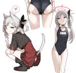  1girl animal_ears arms_behind_back ass ass_support bangs black_footwear black_swimsuit blue_archive boots cat_ears cat_tail commentary eyebrows_visible_through_hair flat_chest frilled_skirt frills hair_ornament halo heart highres kemonomimi_mode long_hair looking_at_viewer multiple_views mutsuki_(blue_archive) name_tag one-piece_swimsuit pointy_ears ponytail purple_eyes school_swimsuit side_ponytail silver_hair simple_background skirt smirk speech_bubble spoken_heart squatting swimsuit tail urec v white_background 