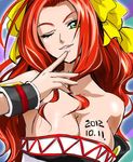  1girl banpresto breasts cleavage dated female green_eyes haruyama_kazunori kouryuuji_mii large_breasts long_hair project_x_zone wink 