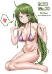  1girl ahoge bikini blush braid breasts burusuta cleavage colored_pencil_(medium) commentary_request graphite_(medium) green_eyes green_hair heart highres holding_bikini_top kantai_collection large_breasts long_ponytail mechanical_pencil mole mole_under_mouth navel pencil purple_bikini side-tie_bikini sitting smile solo spoken_heart swimsuit traditional_media twitter_username wariza white_background yuugumo_(kantai_collection) 