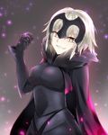  armor blonde_hair cape fate/grand_order fate_(series) grey_background highres jeanne_d'arc_(alter)_(fate) jeanne_d'arc_(fate)_(all) liebe short_hair smile solo yellow_eyes 
