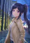  1girl artist_name bare_tree beige_coat blue_hair blurry bokeh building coat dated depth_of_field hand_in_pocket highres long_hair long_sleeves looking_at_viewer love_live! love_live!_sunshine!! matsuura_kanan night outdoors ponytail purple_eyes shamakho sidelocks smile solo sweater tree upper_body white_sweater 