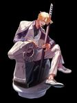  1boy blonde_hair cigarette collared_shirt jacket_on_shoulders male_focus necktie one_piece ram sanji sheathed_sword sitting solo statue suit sword waistcoat white_shoes white_suit 