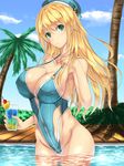  absurdres adapted_costume atago_(kantai_collection) beret blonde_hair blue_sky breasts casual_one-piece_swimsuit cleavage cloud commentary_request day glass green_eyes hat highleg highleg_swimsuit highres kantai_collection large_breasts long_hair looking_at_viewer luna_(gunfire) o-ring o-ring_swimsuit o-ring_top one-piece_swimsuit palm_tree pool sky solo swimsuit tree 