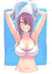  armpits arms_up ball beachball bikini bikini_top breasts cleavage commentary_request eyepatch fang grin headgear highres kantai_collection large_breasts looking_at_viewer navel no_legs purple_hair short_hair skindentation smile solo swimsuit tenryuu_(kantai_collection) upper_body white_bikini yellow_eyes yuuji_(and) 