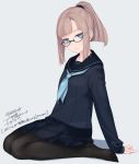  1girl bangs black_legwear blonde_hair blue_eyes blunt_bangs dated glasses long_hair looking_at_viewer mole mole_under_eye original pantyhose pleated_skirt ponytail rokuwata_tomoe school_uniform serafuku sitting skirt sleeves_past_wrists solo twitter_username wariza 