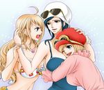  :d ahoge angry bikini_top black_hair blonde_hair blouse blue_eyes breasts brown_eyes chikaburo cleavage dress eyewear_on_head goggles goggles_on_headwear hand_on_another's_head hat hug jealous koala_(one_piece) large_breasts long_hair midriff multiple_girls nami_(one_piece) nico_robin one_eye_closed one_piece open_mouth short_hair smile sunglasses yuri 