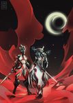  1girl arms_behind_back artist_name back bodysuit crescent_moon ember_(warframe) fire frost_(warframe) full_body helmet holding holding_sword holding_weapon looking_at_another moon night night_sky red sky steam steelsuit sword warframe weapon 