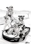 2girls bandeau breasts choker cleavage collarbone commentary_request cropped_jacket demon_girl demon_wings driving full_body go_kart greyscale head_wings knees_together_feet_apart kojima_saya large_breasts leaning_forward long_hair microskirt midriff monochrome multiple_girls navel original race_queen side_ponytail signature skirt wings wristband 