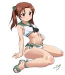  :t adapted_costume bare_legs bikini bikini_bottom closed_mouth collarbone cosplay crop_top girls_und_panzer green_ribbon hair_ribbon idolmaster idolmaster_(classic) idolmaster_2 kadotani_anzu midriff navel neckerchief ooarai_school_uniform pout ribbon sailor_bikini sailor_collar sailor_swimsuit_(idolmaster) sandals shift_(waage) shiny shiny_skin shirt short_hair simple_background sitting solo stomach swimsuit twintails wariza white_background white_bikini 