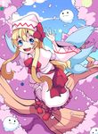  :d absurdres blonde_hair blue_eyes blush_stickers bow capelet cherry_blossoms dress fairy_wings foreshortening from_above full_body hand_on_own_knee hat hat_bow highres kedama lily_white long_hair long_sleeves mujib open_mouth shoe_bow shoes smile touhou waving wide_sleeves wings 