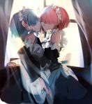  black_dress blue_hair detached_sleeves dress eye_contact frills hair_over_one_eye hand_on_another's_cheek hand_on_another's_face hug incest looking_at_another maid maid_headdress multiple_girls pink_hair ram_(re:zero) ran_(pixiv2957827) re:zero_kara_hajimeru_isekai_seikatsu rem_(re:zero) short_hair siblings sisters twincest twins window yuri 