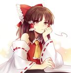  &gt;:( ascot bow brown_eyes brown_hair detached_sleeves expressionless frilled_bow frills frown hair_bow hair_tubes hakurei_reimu looking_at_viewer red_shirt ribbon-trimmed_sleeves ribbon_trim shirt short_hair simple_background solo touhou v-shaped_eyebrows white_background wide_sleeves yuli_(yulipo) 