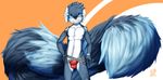  anthro athletic canine clothed clothing dog fluffy fluffy_tail front_view grin jockstrap kyanite_(littlerager) littlerager looking_at_viewer male mammal sharp_teeth signature solo standing teeth topless underwear underwear_pull young 