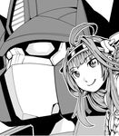  1girl 80s ahoge autobot bare_shoulders cropped crossover double_bun greyscale headgear kamizono_(spookyhouse) kantai_collection kongou_(kantai_collection) long_hair machinery md5_mismatch mecha monochrome oldschool optimus_prime smile transformers 