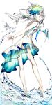  absurdres bare_shoulders barefoot blue_eyes blue_hair dress floating full_body highres looking_back multicolored_hair original outstretched_hand pale_skin rooseputo_02 solo water white_background white_dress 