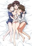  3girls ass bed blush breasts breasts_apart breasts_outside brown_eyes brown_hair christiane_barkhorn cuddling dress eyes_closed gertrud_barkhorn groin large_breasts lying miyafuji_yoshika multiple_girls nipples no_bra no_panties on_back open_clothes open_mouth open_shirt sailor_dress semisutowomu shirt short_hair smile strike_witches world_witches_series yuri 