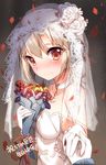  bison_cangshu bride brown_hair character_request collar collarbone dress elbow_gloves flower gloves hair_flower hair_ornament highres holding jewelry ring short_hair silver_hair smile solo strapless strapless_dress wedding_dress white_dress white_flower white_gloves 
