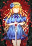  bison_cangshu blonde_hair blue_dress blue_flower character_request closed_eyes dress flower hair_flower hair_ornament holding holding_sword holding_weapon long_hair original red_flower solo sword weapon 