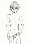  1boy high_speed! kirishima_ikuya male_focus monochrome swim_trunks tataru_(pixiv_785179) topless undressing wet 