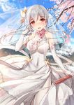  :d bison_cangshu blush bridal_veil brown_eyes dress elbow_gloves fan folding_fan gloves holding long_hair looking_at_viewer open_mouth silver_hair sketch smile solo veil wedding_dress white_dress white_gloves wind yamashiro_(zhan_jian_shao_nyu) zhan_jian_shao_nyu 