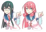  akashi_(kantai_collection) aqua_eyes aqua_hairband bandana black_hair breasts glasses grin hair_ribbon hairband kantai_collection long_hair long_sleeves looking_at_viewer medium_breasts multiple_girls necktie no_legs ooyodo_(kantai_collection) pink_hair pointing pointing_at_viewer pose red_neckwear ribbon same_face school_uniform semi-rimless_eyewear serafuku simple_background small_breasts smile tress_ribbon under-rim_eyewear white_background yuuji_(and) 