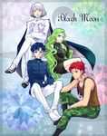  3boys bishoujo_senshi_sailor_moon black_footwear black_moon_clan blue_eyes blue_gloves blue_hair boots camouflage camouflage_pants cape crescent crossed_arms crossed_legs crystal_earrings dress earrings elbow_gloves english esmeraude_(sailor_moon) facial_mark forehead_mark gem gloves green_dress green_eyes green_gloves green_hair group_name jewelry lavender_eyes long_hair multiple_boys pants pendant prince_demande red_eyes red_hair rubeus_(sailor_moon) saphir_(sailor_moon) sarashina_kau wavy_hair white_hair 