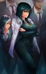  blue_hair breasts coat crow_aberdeen dress fubuki_(one-punch_man) fur_coat green_eyes head_out_of_frame highres hips jewelry large_breasts matsuge_(one-punch_man) necklace one-punch_man sansetsukon_no_lily short_hair solo_focus thighs yamazaru_(one-punch_man) 
