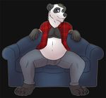  anuvia barefoot bear black_background blue_eyes clothed clothing invalid_background looking_at_viewer male mammal open_shirt panda plaid simple_background slightly_chubby smile sofa solo 