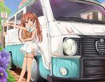  alfa_romeo apple arm_up bare_shoulders bracelet bread brown_eyes brown_hair car check_commentary commentary commentary_request dress food fruit ground_vehicle highres jewelry kantai_collection libeccio_(kantai_collection) long_hair motor_vehicle munehiro_(21plus) open_mouth pleated_skirt sailor_collar sailor_dress skirt solo tan twintails van 