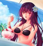  ahsiu bad_id bad_pixiv_id blush bracelet breasts fate/grand_order fate_(series) flower food hair_flower hair_ornament highres ice_cream jewelry large_breasts long_hair looking_at_viewer o-ring o-ring_bikini o-ring_top open_mouth palm_tree purple_hair red_eyes scathach_(fate)_(all) scathach_(fate/grand_order) solo spoon table tree 