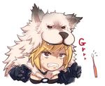  alternate_costume animal_ears armor berserker_(granblue_fantasy) blonde_hair blush breasts brown_eyes djeeta_(granblue_fantasy) fangs gauntlets granblue_fantasy growling medium_breasts nikke_(cherish) pelt short_hair solo toothbrush wolf_pelt 