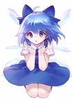  :o ahoge ainy77 bad_id bad_pixiv_id blowing blue_bow blue_dress blue_eyes blue_hair bow cirno dress full_body hair_bow ice ice_wings kneeling looking_at_viewer nail_polish short_hair short_sleeves simple_background solo touhou white_background wings 
