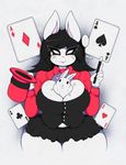  big_breasts black_hair blush bow breasts card cleavage clothed clothing eyewear feral gloves hair hat huge_breasts lagomorph magic magician mammal miniskirt playing_card rabbit simple_background skirt slit_pupils smutbunny thick_thighs wand wide_hips 
