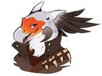  avian bird black_feathers bust_portrait clothed clothing feathers grey_eyes guild_wars hoot icon looking_at_viewer male portrait quiver_silvertongue secretary_bird simple_background smile solo tengu video_games white_background white_feathers 