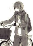  1boy anzu_(o6v6o) backpack bag bicycle bicycle_basket breath earbuds earphones genderswap genderswap_(ftm) glasses ground_vehicle gumiya jacket male_focus monochrome mouth_hold pants plaid plaid_scarf scarf shirt simple_background solo vocaloid walking_bike white_background 