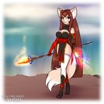  2015 amelia_(scorpdk) anthro blue_eyes breasts brown_hair canine clothed clothing dipstick_tail footwear fox grin hair holding_object inner_ear_fluff legwear long_hair looking_at_viewer magic mammal multicolored_tail scorpdk solo staff 