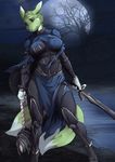  2016 anthro armor big_breasts black_sclera breasts canine clothed clothing female fur green_fur green_hair hair hi_res loincloth looking_at_viewer mammal melee_weapon moon multi_tail night outside purple_eyes rope solo sword twinkle-sez weapon 