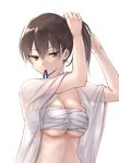  adjusting_hair bangs breasts brown_hair bunching_hair cleavage fukuroumori hair_tie kaga_(kantai_collection) kantai_collection large_breasts lips looking_at_viewer mouth_hold open_clothes open_shirt ribbon ribbon_in_mouth sarashi see-through shiny shiny_skin shirt side_ponytail simple_background solo stomach tying_hair upper_body white_background white_shirt yellow_eyes 