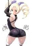 annie_murakami ass backless_dress backless_outfit black_dress blonde_hair blue_eyes blush bound bound_wrists bow breasts bridal_gauntlets choker commentary_request disembodied_limb dress drill_hair elbow_gloves gloves hair_bow highres johan_(johan13) long_hair microdress pantylines rage_of_the_dragons short_dress small_breasts snk solo striped striped_legwear thighhighs thighs twin_drills white_background 